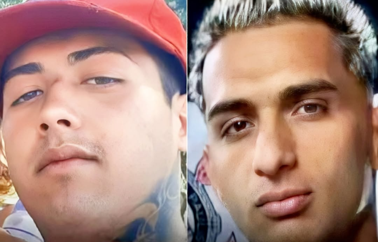 Side by side close up photos of a young man left with a red cap right with platinum blonde hair