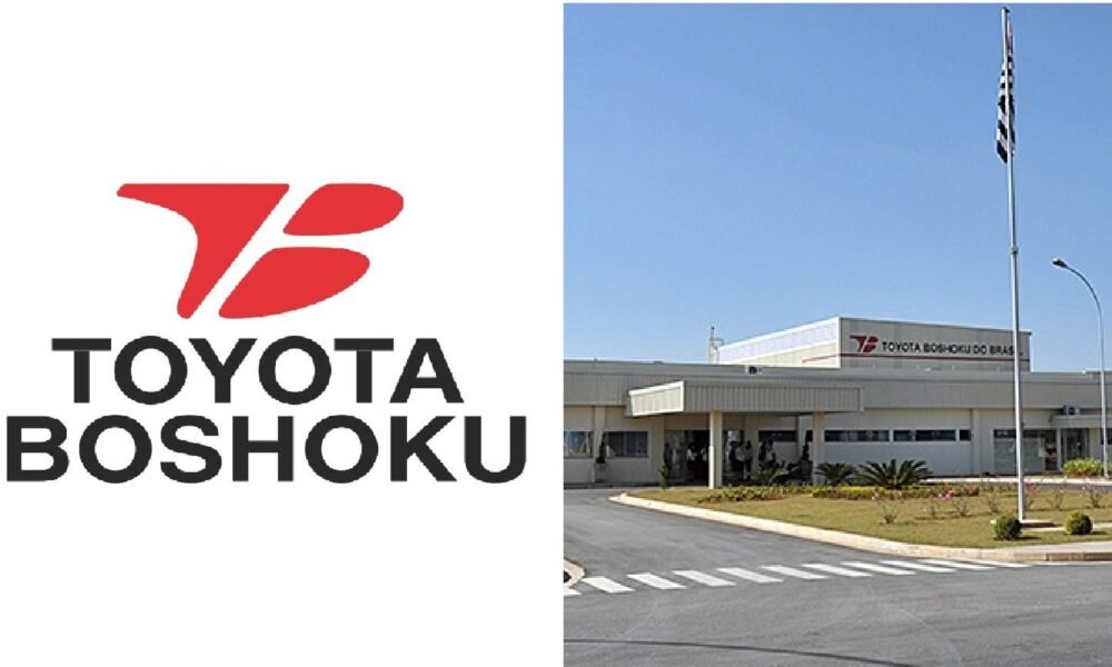 Split image: left side shows the Toyota Boshoku logo on white background; right side shows the Toyota Boshoku Brasil building with entrance, landscaping, and flagpoles under a blue sky.