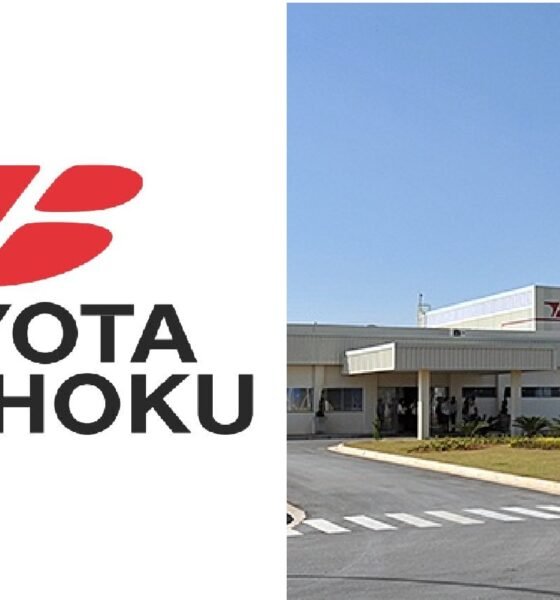 Split image left side shows the Toyota Boshoku logo on white background right side shows the Toyota Boshoku Brasil building with entrance landscaping and flagpoles under a blue sky