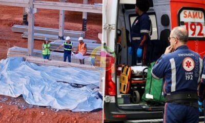 Construction site scene with workers examining a collapsed blue tarp and metal framework nearby safety gear visible helmets vests