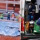 Construction site scene with workers examining a collapsed blue tarp and metal framework nearby safety gear visible helmets vests