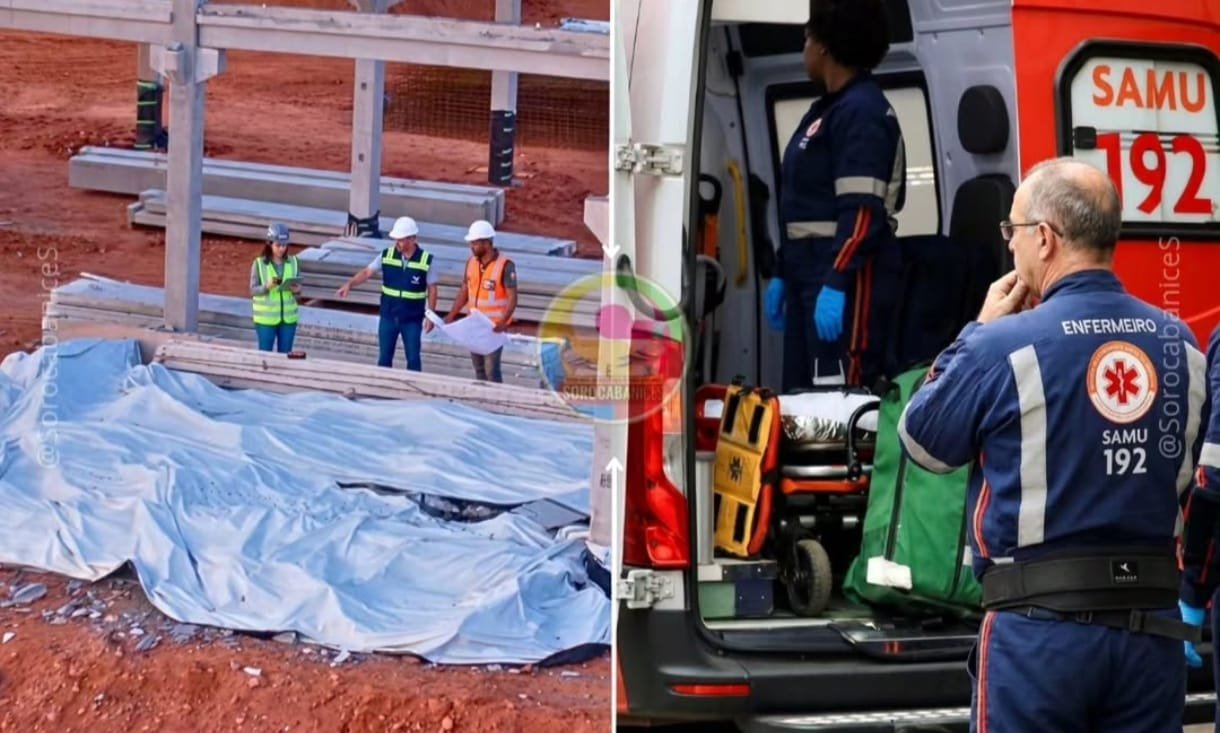 Construction site scene with workers examining a collapsed blue tarp and metal framework nearby safety gear visible helmets vests