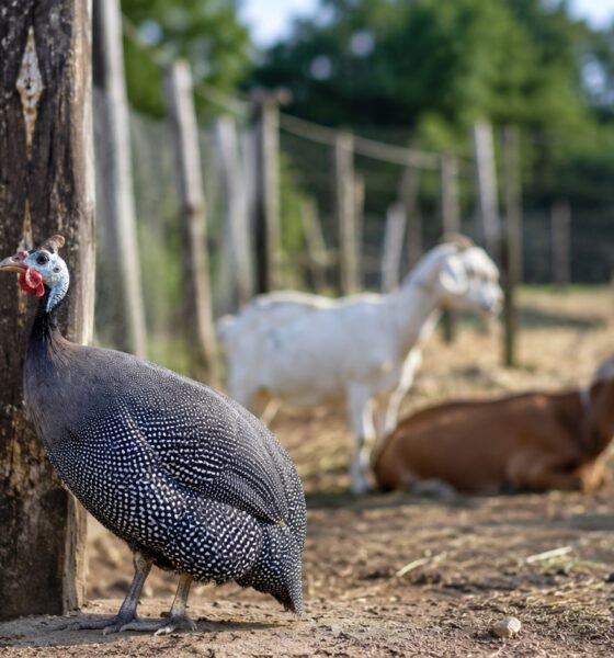 Speckled guinea fowl standing by a wooden post beside chicken wire with white and brown goats resting in the pen behind