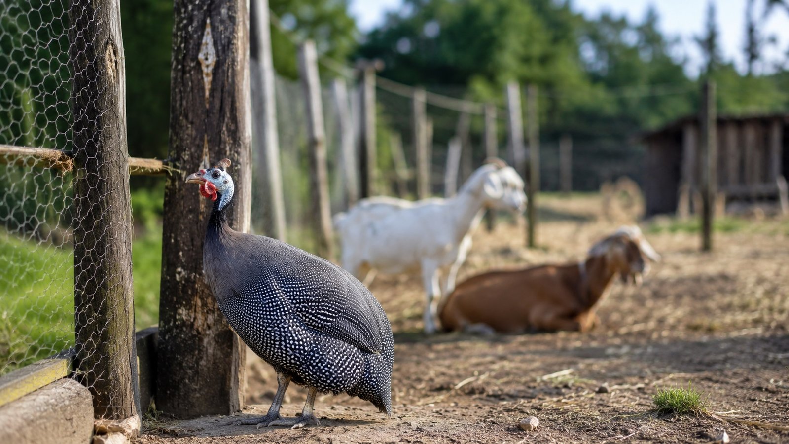 Speckled guinea fowl standing by a wooden post beside chicken wire with white and brown goats resting in the pen behind