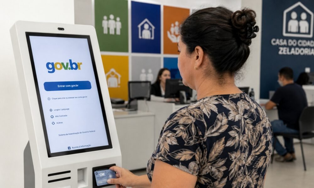 Woman using a gov.br self-service kiosk at a counter in a government office, card in hand, intake screen visible.