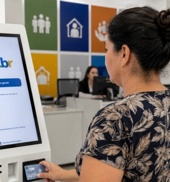 Woman using a govbr self service kiosk at a counter in a government office card in hand intake screen visible