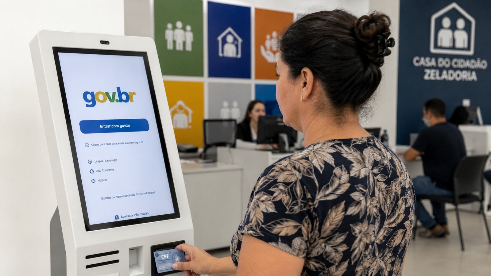 Woman using a govbr self service kiosk at a counter in a government office card in hand intake screen visible