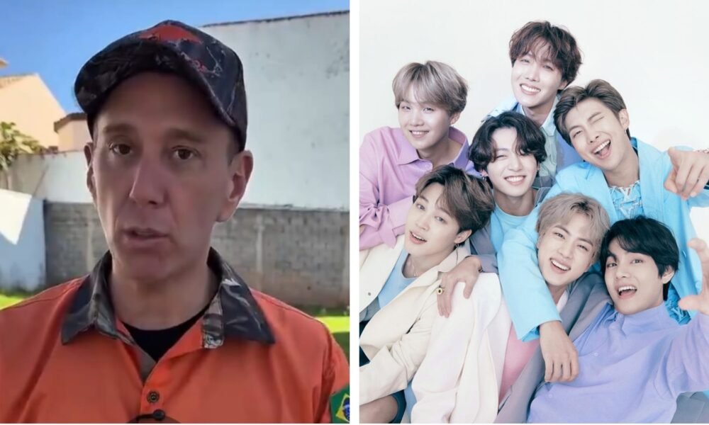 Left: man in an orange work shirt and cap outdoors, neutral expression. Right: seven young men in pastel outfits smiling and posing together indoors.