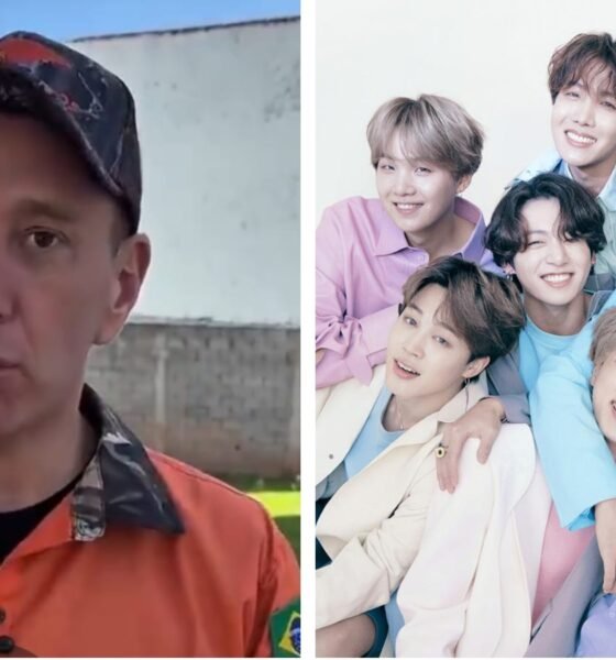 Left man in an orange work shirt and cap outdoors neutral expression Right seven young men in pastel outfits smiling and posing together indoors