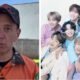 Left man in an orange work shirt and cap outdoors neutral expression Right seven young men in pastel outfits smiling and posing together indoors
