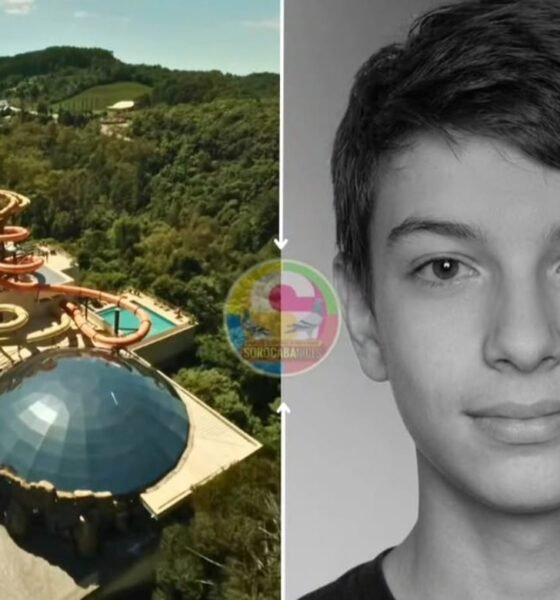 A split screen image aerial view of a waterslide complex and pool atop a building amid greenery left side grayscale close up portrait of a young man facing the camera right side