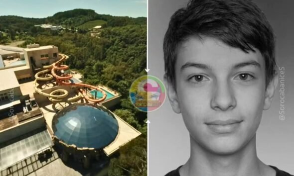 A split screen image aerial view of a waterslide complex and pool atop a building amid greenery left side grayscale close up portrait of a young man facing the camera right side