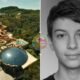 A split screen image aerial view of a waterslide complex and pool atop a building amid greenery left side grayscale close up portrait of a young man facing the camera right side