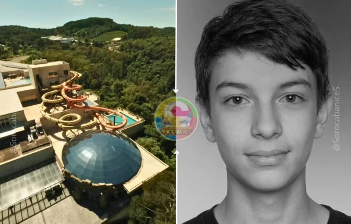 A split screen image aerial view of a waterslide complex and pool atop a building amid greenery left side grayscale close up portrait of a young man facing the camera right side