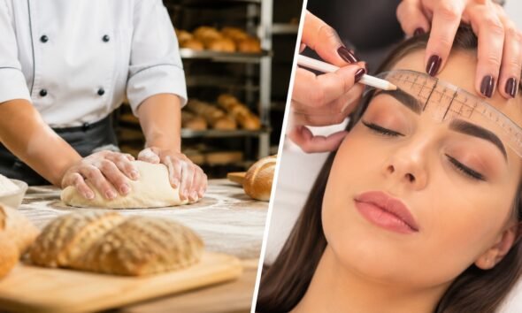 Bakery scene left with a baker kneading dough on a floured table while loaves bake in the background split image with a beauty treatment on the right
