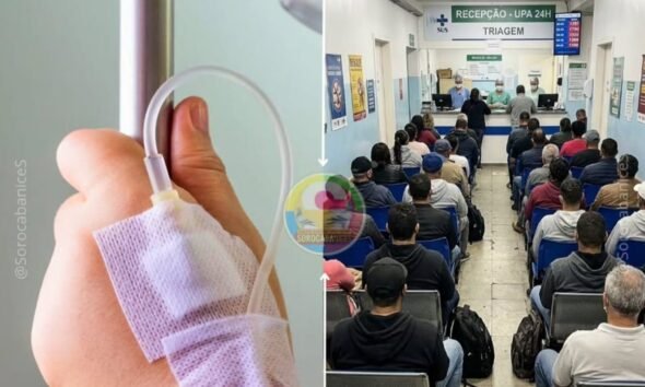 Closeup of a patients hand with an IV line and bandage next to a busy clinic waiting room and reception desk on the right