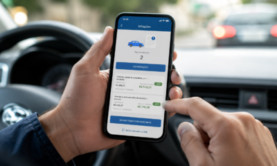 Pessoa no carro segura o celular exibindo um app de infrações de trânsito com o total de 2 infrações na tela.