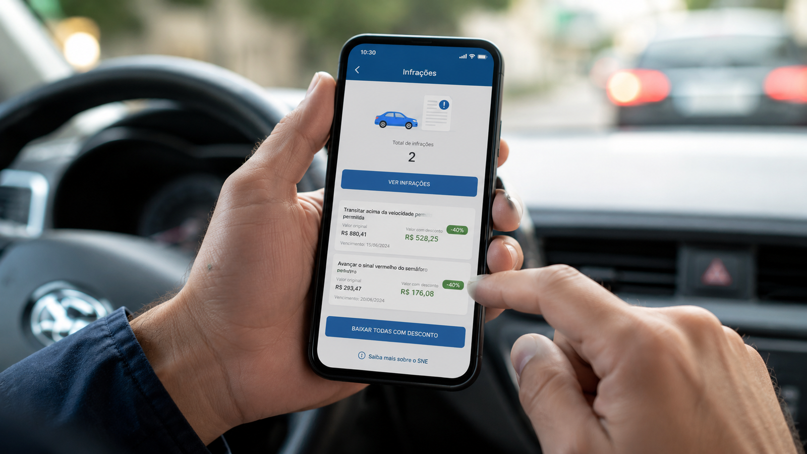 Pessoa no carro segura o celular exibindo um app de infrações de trânsito com o total de  infrações na tela