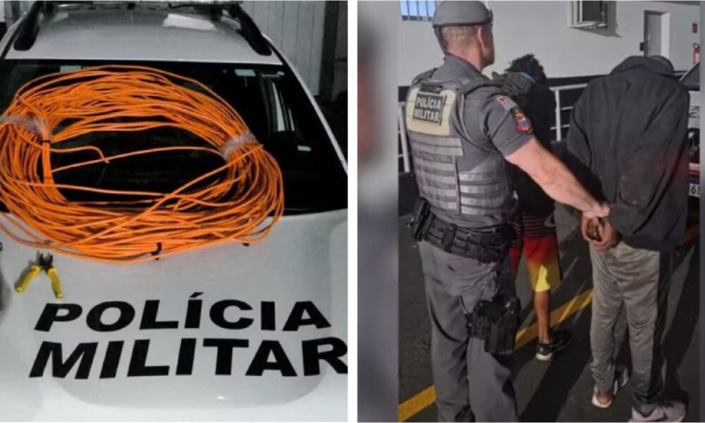 Left image: police car with bright orange coils on the hood, 'Polícia Militar' visible on the front.Right image: a police officer in tactical gear handcuffing a hooded detainee in a hallway.