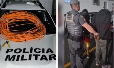 Left image: police car with bright orange coils on the hood, 'Polícia Militar' visible on the front.Right image: a police officer in tactical gear handcuffing a hooded detainee in a hallway.