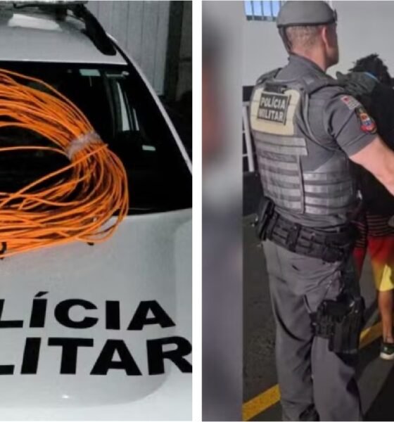 Left image police car with bright orange coils on the hood Polícia Militar visible on the frontRight image a police officer in tactical gear handcuffing a hooded detainee in a hallway