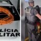 Left image police car with bright orange coils on the hood Polícia Militar visible on the frontRight image a police officer in tactical gear handcuffing a hooded detainee in a hallway