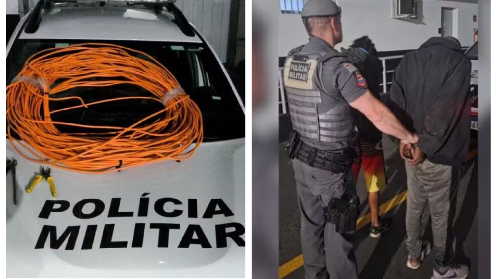 Left image police car with bright orange coils on the hood Polícia Militar visible on the frontRight image a police officer in tactical gear handcuffing a hooded detainee in a hallway
