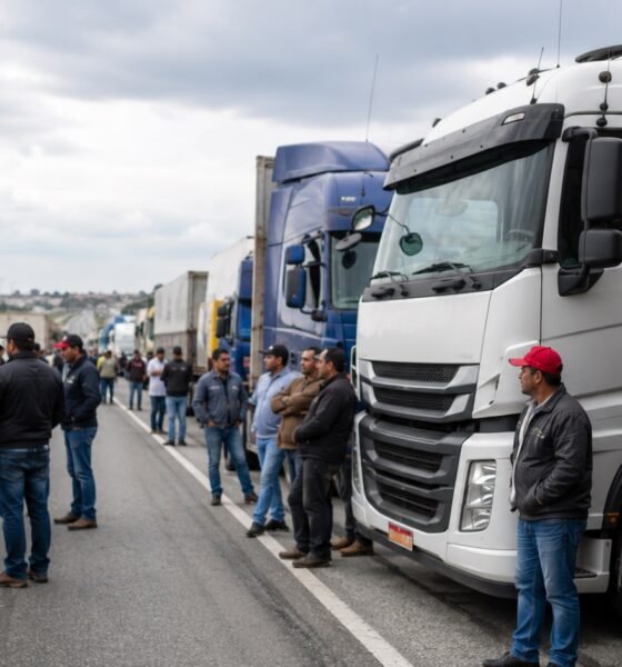 Group of truck drivers standing on a highway beside parked semi trucks with a Brazil flag on a trailer in the background