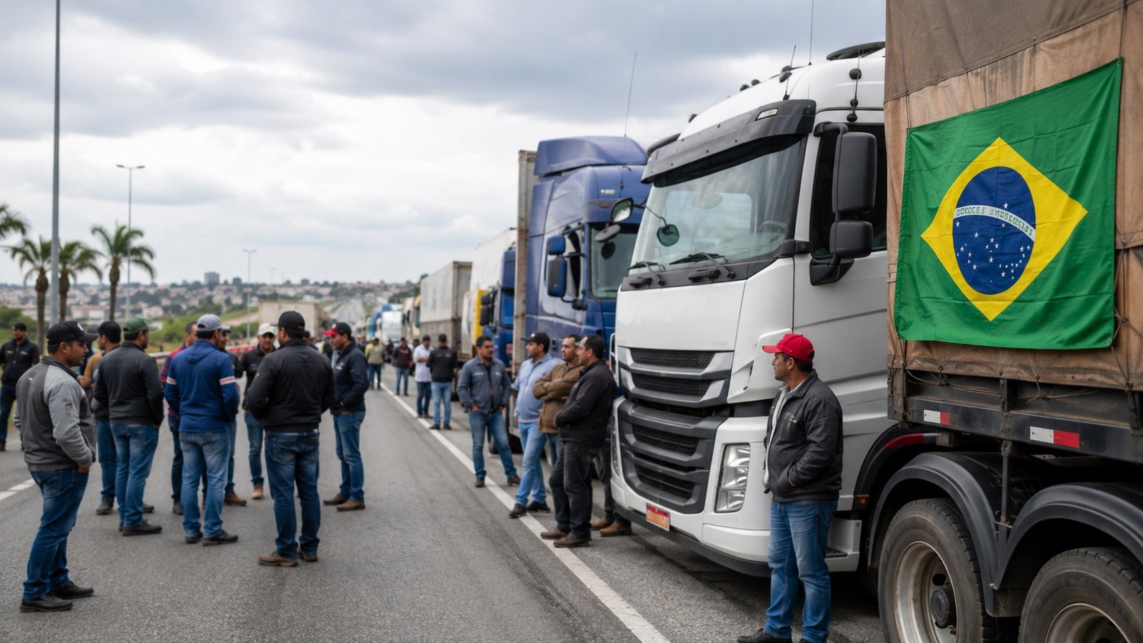 Group of truck drivers standing on a highway beside parked semi trucks with a Brazil flag on a trailer in the background
