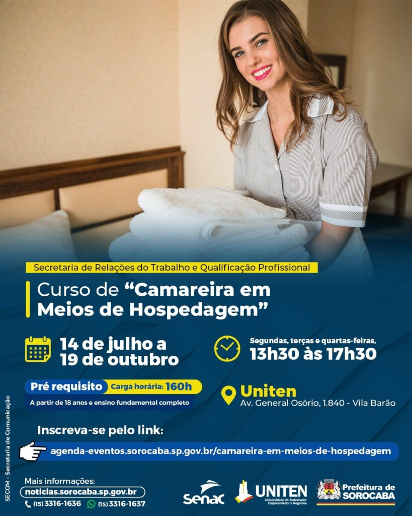 Image sorocabanices Promotional poster for a hospitality course featuring a smiling hotel staff member with folded towels listing dates times and location in Portuguese