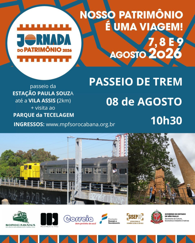 Image sorocabanices Pôster da Jornada do Patrimônio com data de agosto e passeio de trem em de agosto às h no trajeto entre a estação Paula Souza e Vila Assis