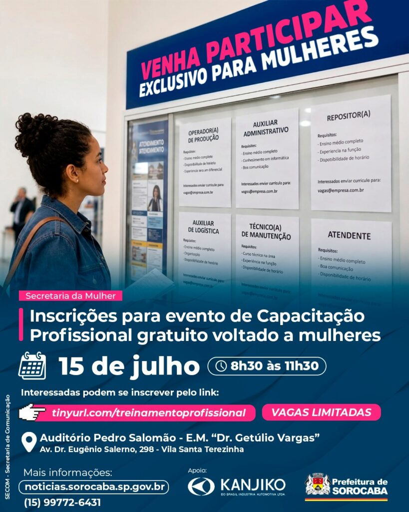 Cartaz de evento de capacitação profissional para mulheres com informações sobre data horário e inscrição ao lado de um mural de vagas