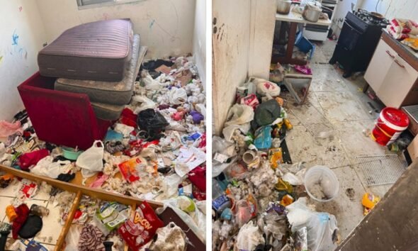 A twopanel view of a severely cluttered interior mattresses stacked on a red chair with trash and clothes scattered on the floor in a messy room on the left and a cluttered kitchen with bags boxes and debris on the floor on the right
