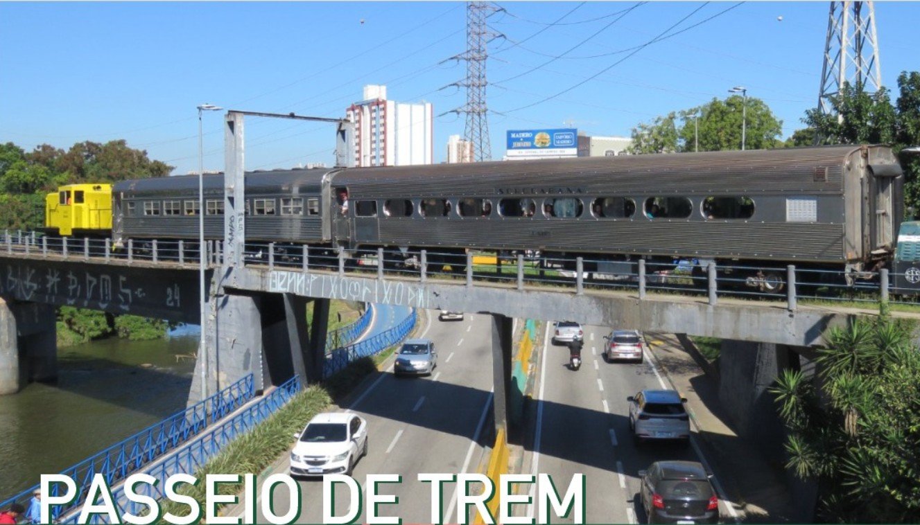 Passenger train on an elevated bridge crossing a busy road with cars driving beneath and city buildings in the background