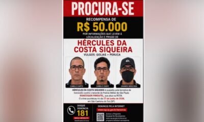Poster de procura com foto de três suspeitos Recompensa de R$ por informações para localização e prisão de Hécules da Costa Siqueira Brasil SP