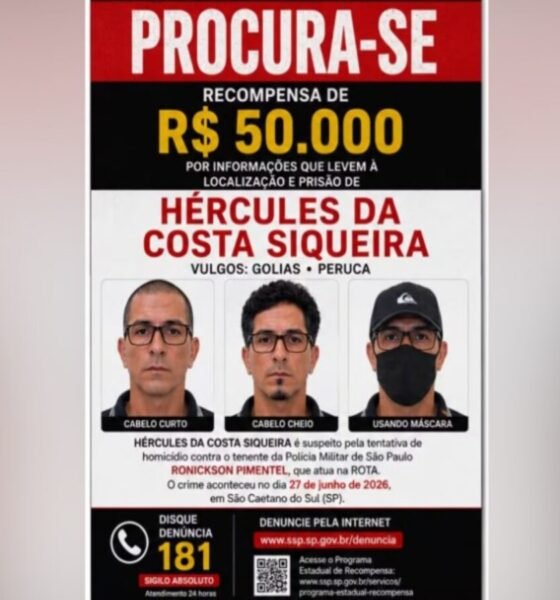 Poster de procura com foto de três suspeitos Recompensa de R$ por informações para localização e prisão de Hécules da Costa Siqueira Brasil SP