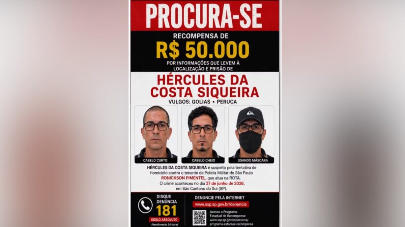 Poster de procura com foto de três suspeitos Recompensa de R$ por informações para localização e prisão de Hécules da Costa Siqueira Brasil SP
