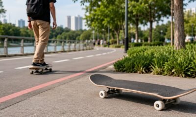 Empty skateboard lying on a paved path beside a grassy park with a person riding a longboard in the background by the water fence