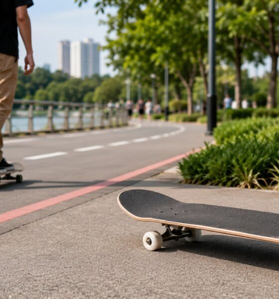 Empty skateboard lying on a paved path beside a grassy park with a person riding a longboard in the background by the water fence