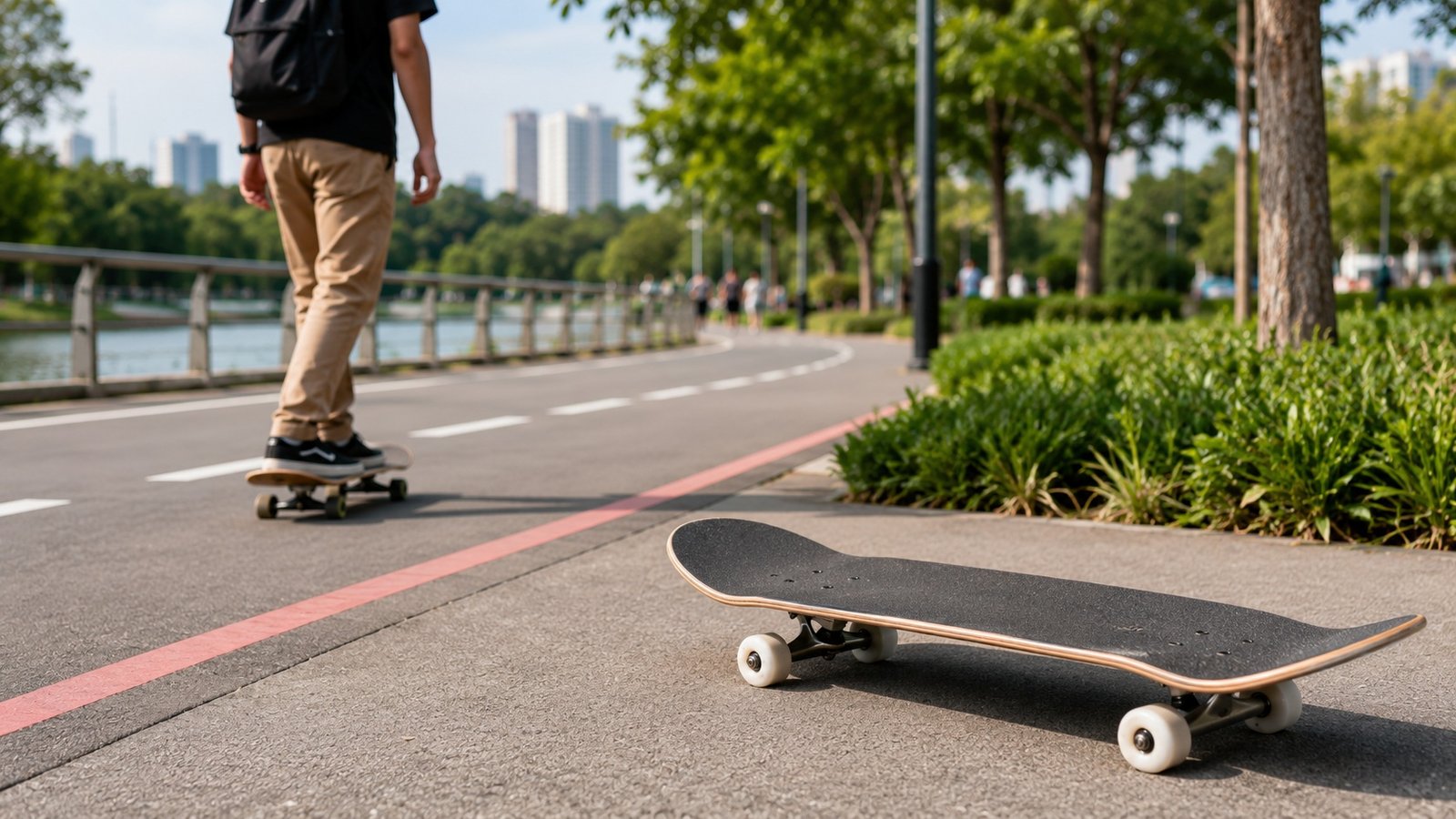 Empty skateboard lying on a paved path beside a grassy park with a person riding a longboard in the background by the water fence