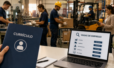 Pessoa segurando um currículo azul diante do laptop mostrando vagas de emprego em uma fábrica industrial com trabalhadores ao fundo