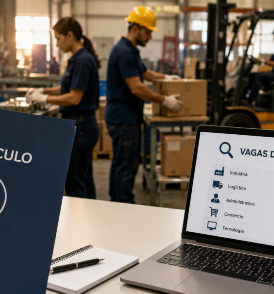 Pessoa segurando um currículo azul diante do laptop mostrando vagas de emprego em uma fábrica industrial com trabalhadores ao fundo
