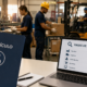 Pessoa segurando um currículo azul diante do laptop mostrando vagas de emprego em uma fábrica industrial com trabalhadores ao fundo