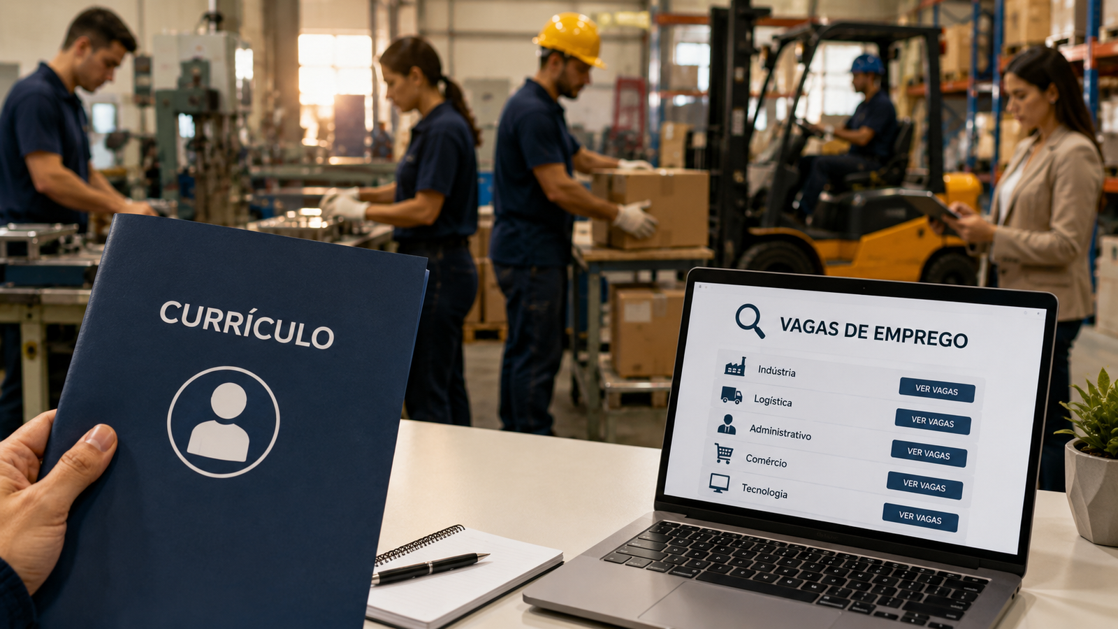 Pessoa segurando um currículo azul diante do laptop mostrando vagas de emprego em uma fábrica industrial com trabalhadores ao fundo
