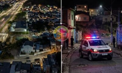 Split image: hillside city at night on the left and a police SUV with flashing lights on a street at night on the right.