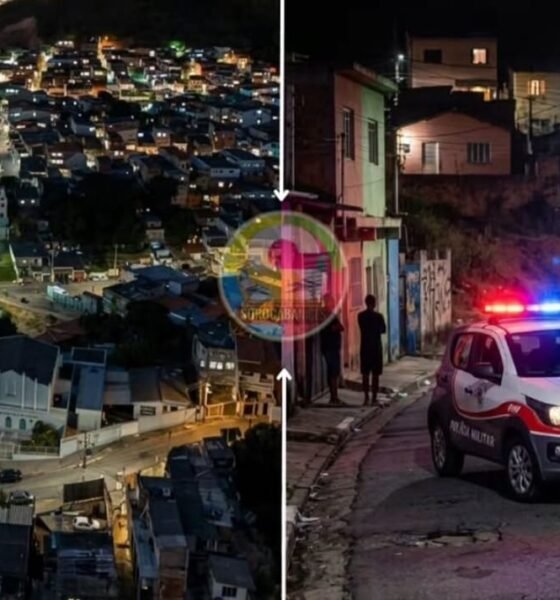 Split image hillside city at night on the left and a police SUV with flashing lights on a street at night on the right