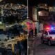 Split image hillside city at night on the left and a police SUV with flashing lights on a street at night on the right