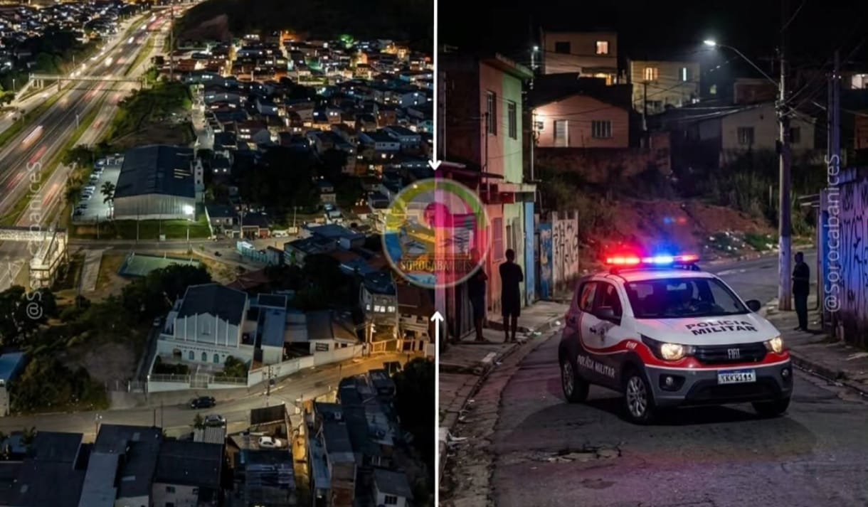 Split image hillside city at night on the left and a police SUV with flashing lights on a street at night on the right