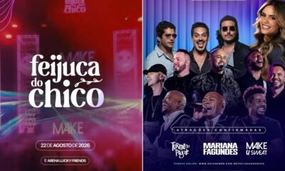 Split event poster left side shows red promo for Feijúca do Chico with date  de agosto de  at Arena Lucky Friends right side lists confirmed artists against a blue backdrop