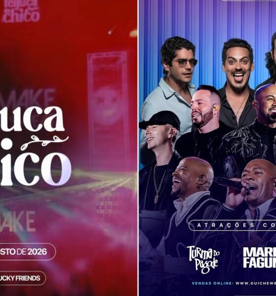 Split event poster left side shows red promo for Feijúca do Chico with date  de agosto de  at Arena Lucky Friends right side lists confirmed artists against a blue backdrop
